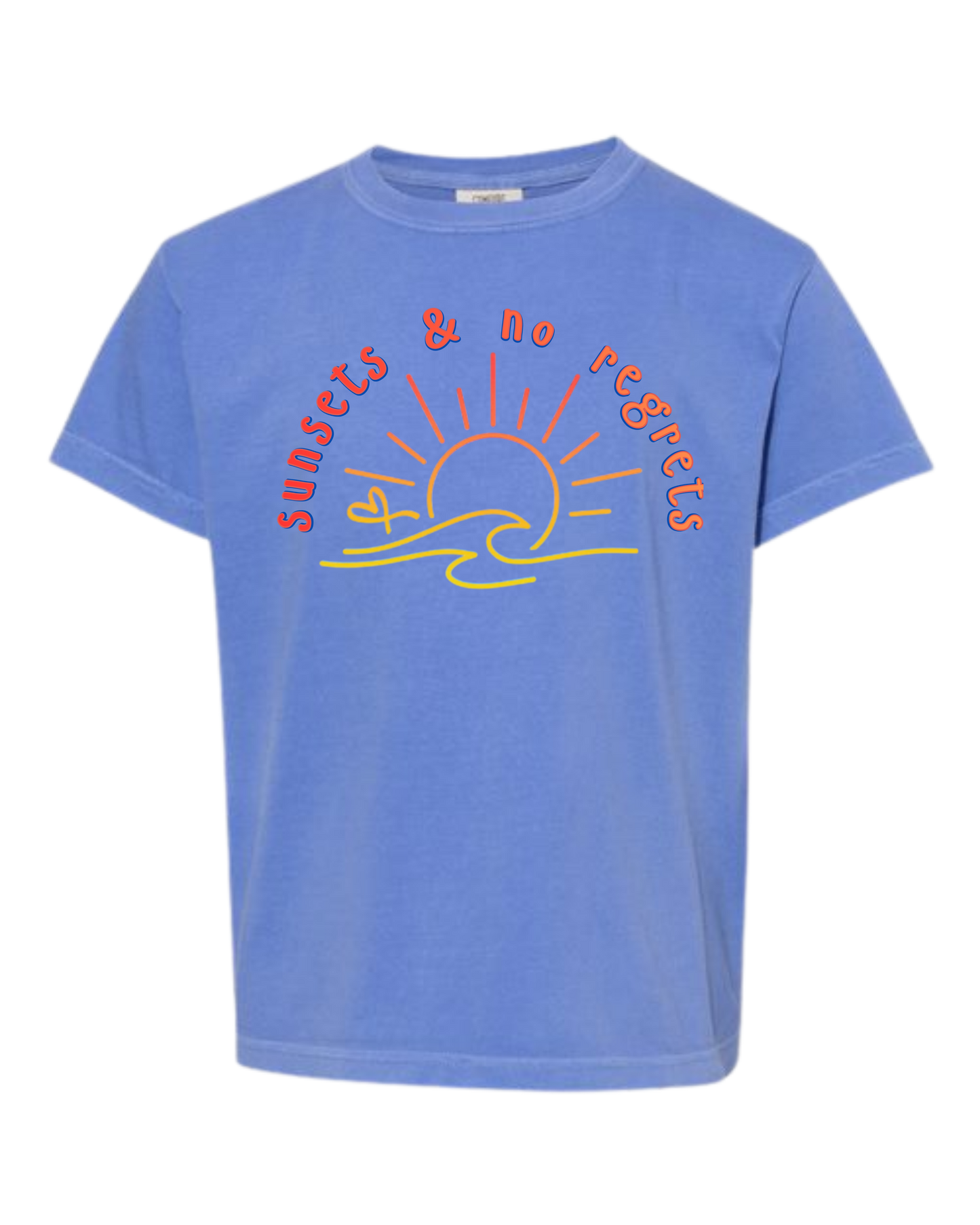 Sunsets & No Regrets - Comfort Colors - Heavyweight Youth Tee - Neutral Colors & Blues