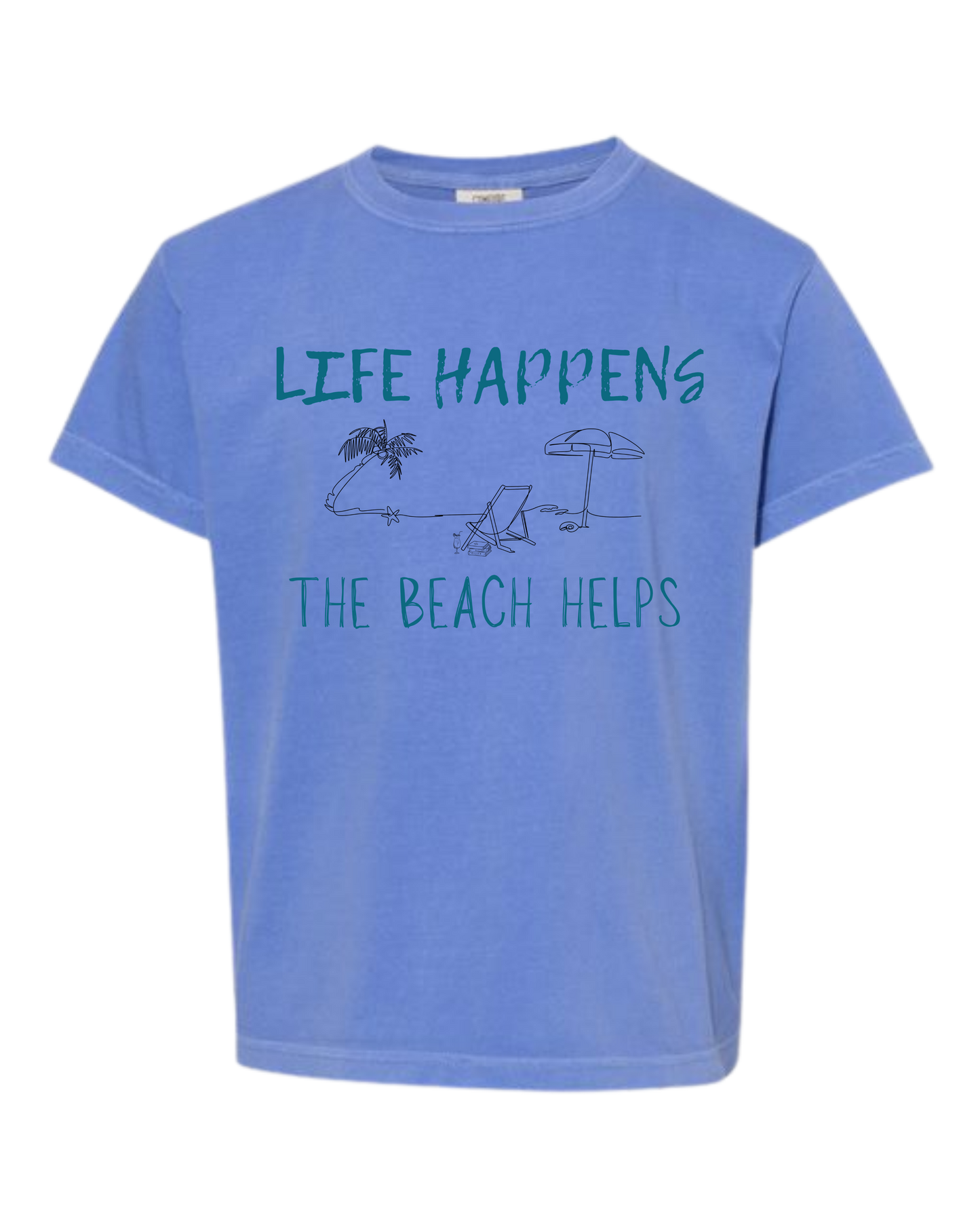 Life Happens The Beach Helps - Comfort Colors - Heavyweight Youth Tee - Neutral Colors & Blues