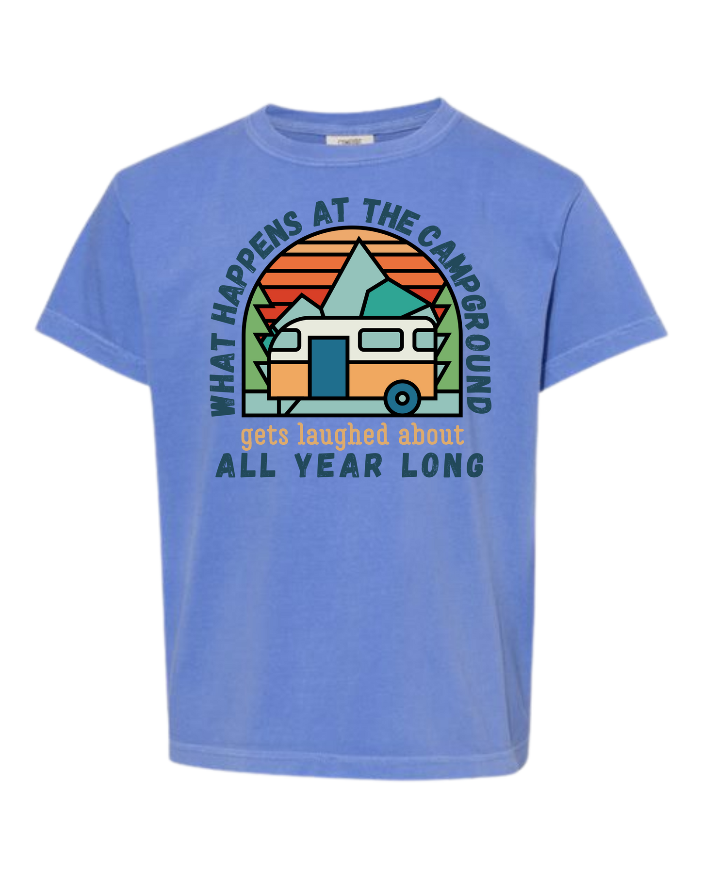 What Happens At The Campground - Comfort Colors - Heavyweight Youth Tee - Neutral Colors & Blues