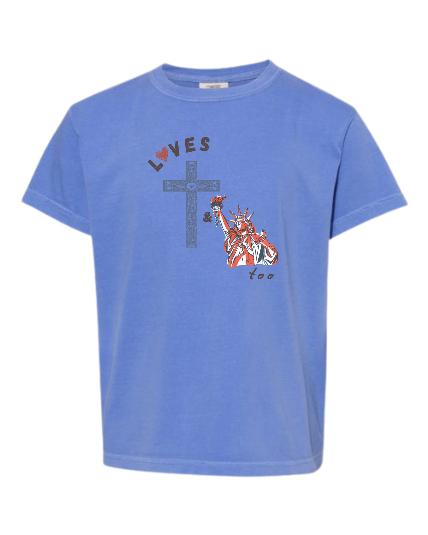 Loves Jesus & America too - Comfort Colors - Heavyweight Youth Tee - Neutral Colors & Blues