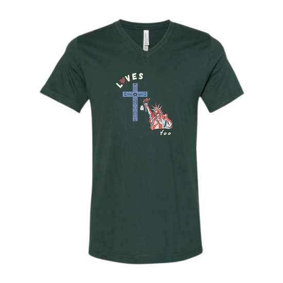 Loves Jesus & America too - Bella+Canvas - Unisex V-Neck - Assorted Colors