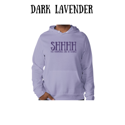 shhhh the hormones are in charge - sponge fleece hoodie - blues, purples