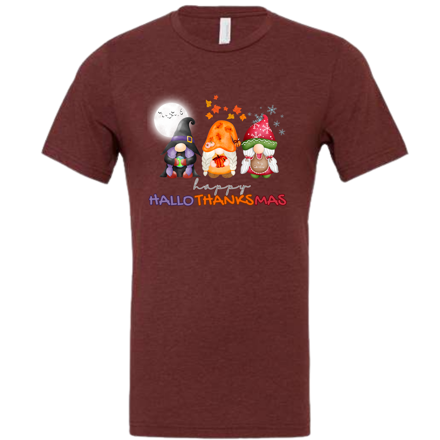 Happy HalloThanksMas Gnomes - Unisex Tee - Reds