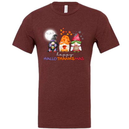 Happy HalloThanksMas Gnomes - Unisex Tee - Reds