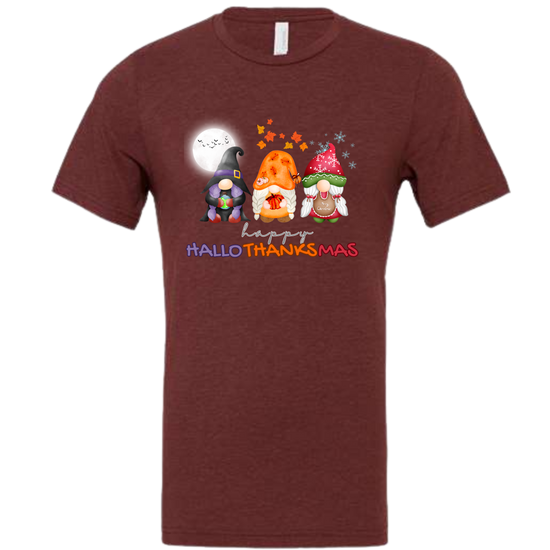 Happy HalloThanksMas Gnomes - Unisex Tee - Reds