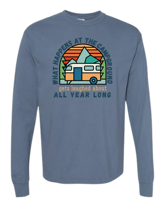 What Happens At The Campground - Comfort Colors - Heavyweight Long Sleeve Tee - Blues & Greens