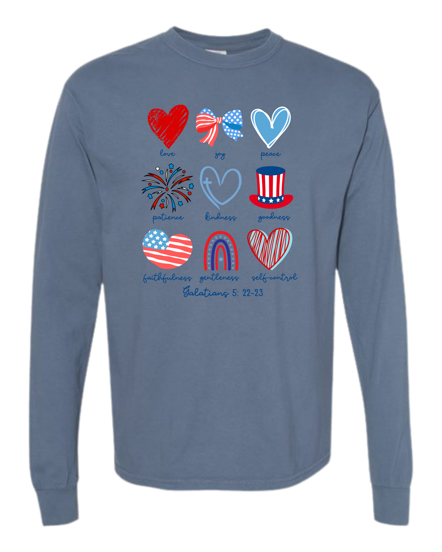 Galatians 5 - Patriotic - Comfort Colors - Heavyweight Long Sleeve Tee - Blues & Greens