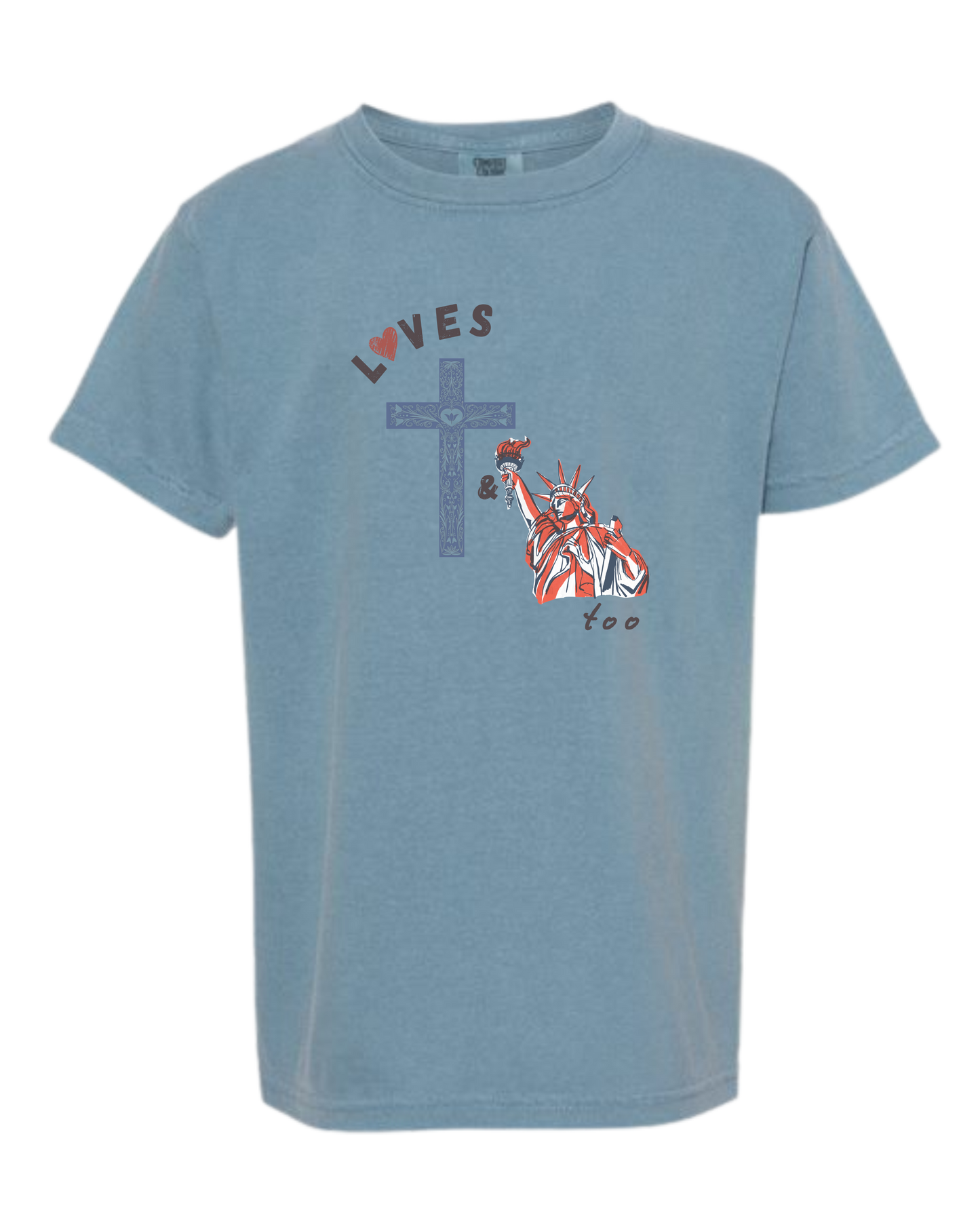 Loves Jesus & America too - Comfort Colors - Heavyweight Youth Tee - Neutral Colors & Blues