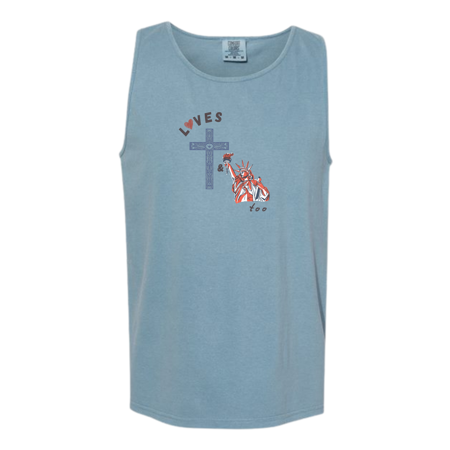 Loves Jesus & America too - Comfort Colors - Unisex Tank - Neutral Colors & Blues