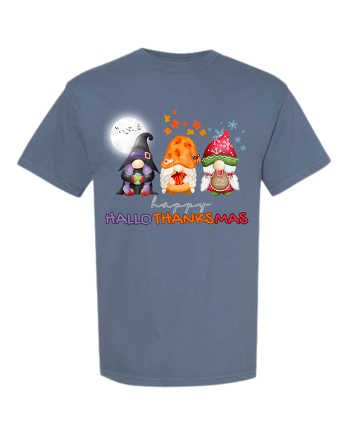 Happy HalloThanksMas Gnomes - Comfort Colors - Heavyweight Unisex Tee - Blues