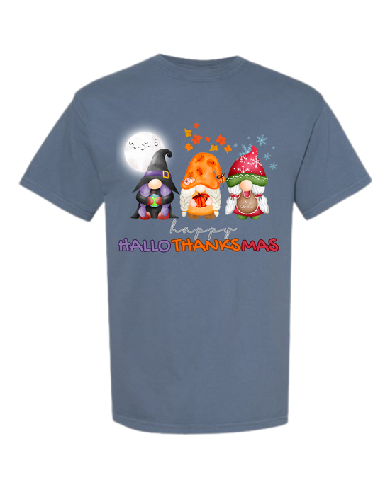 Happy HalloThanksMas Gnomes - Comfort Colors - Heavyweight Unisex Tee - Blues