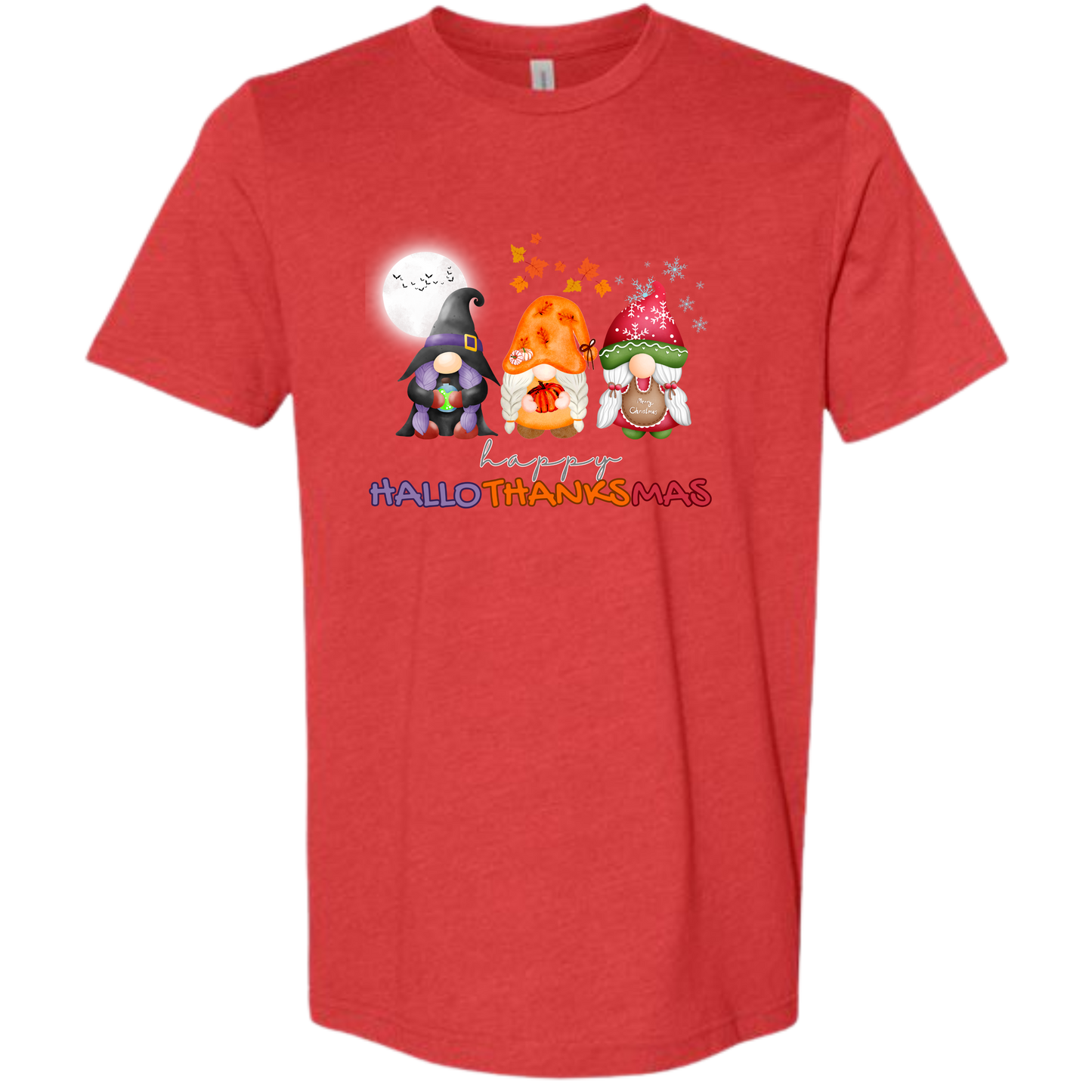 Happy HalloThanksMas Gnomes - Unisex Tee - Reds