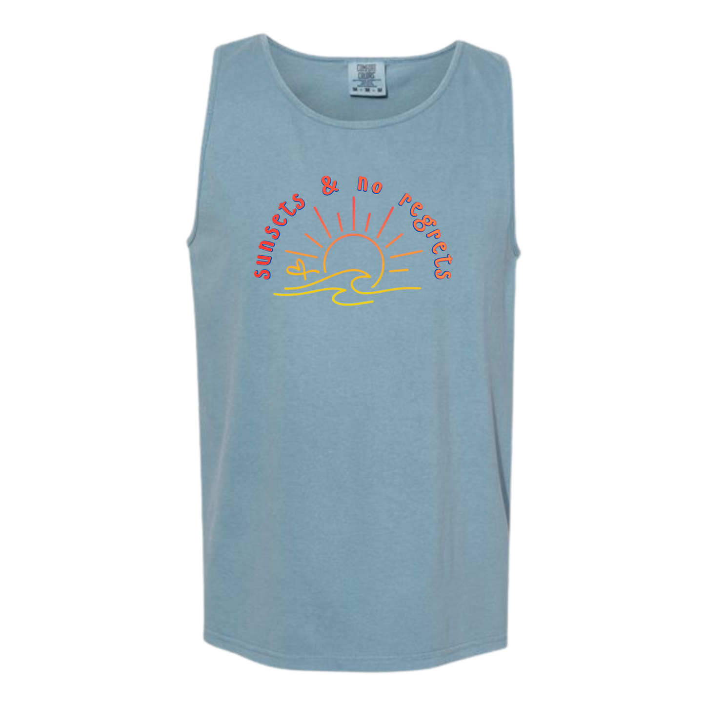 Sunsets & No Regrets - Comfort Colors - Unisex Tank - Neutral Colors & Blues