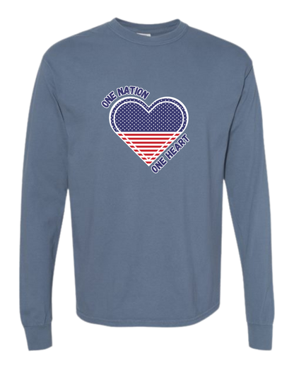 One Nation One Heart - Comfort Colors - Heavyweight Long Sleeve Tee - Blues & Greens