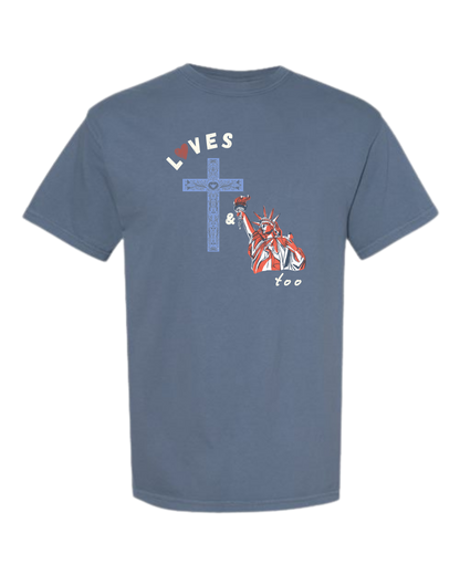 Loves Jesus & America too - Comfort Colors - Heavyweight Unisex Tee - Blues