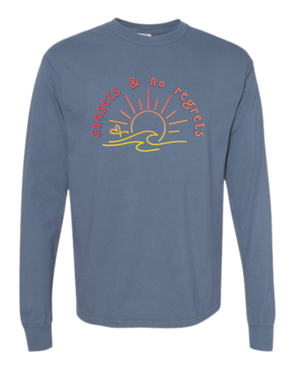 Sunsets & No Regrets - Comfort Colors - Heavyweight Long Sleeve Tee - Blues & Greens