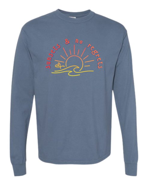 Sunsets & No Regrets - Comfort Colors - Heavyweight Long Sleeve Tee - Blues & Greens