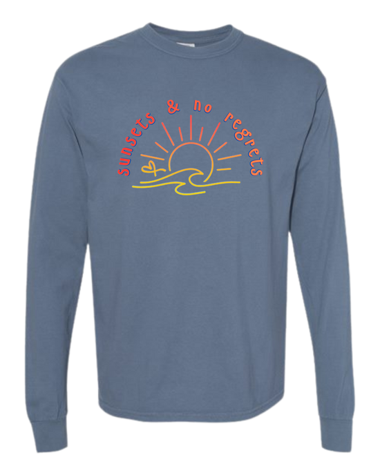 Sunsets & No Regrets - Comfort Colors - Heavyweight Long Sleeve Tee - Blues & Greens