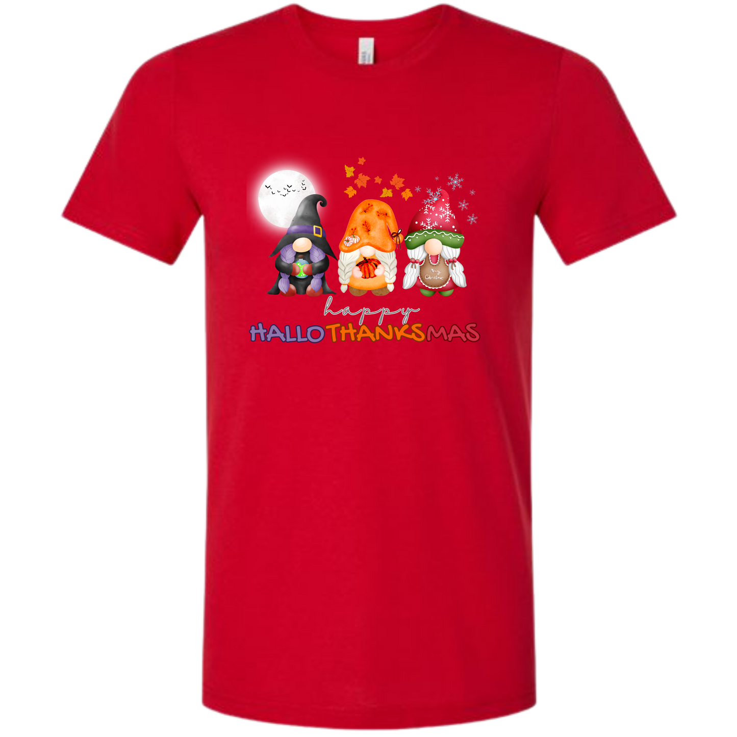 Happy HalloThanksMas Gnomes - Unisex Tee - Reds