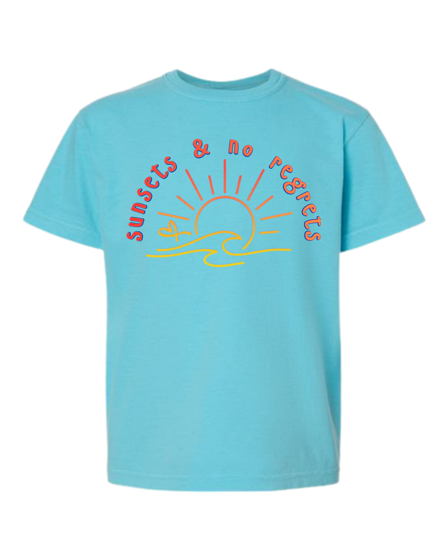 Sunsets & No Regrets - Comfort Colors - Heavyweight Youth Tee - Neutral Colors & Blues