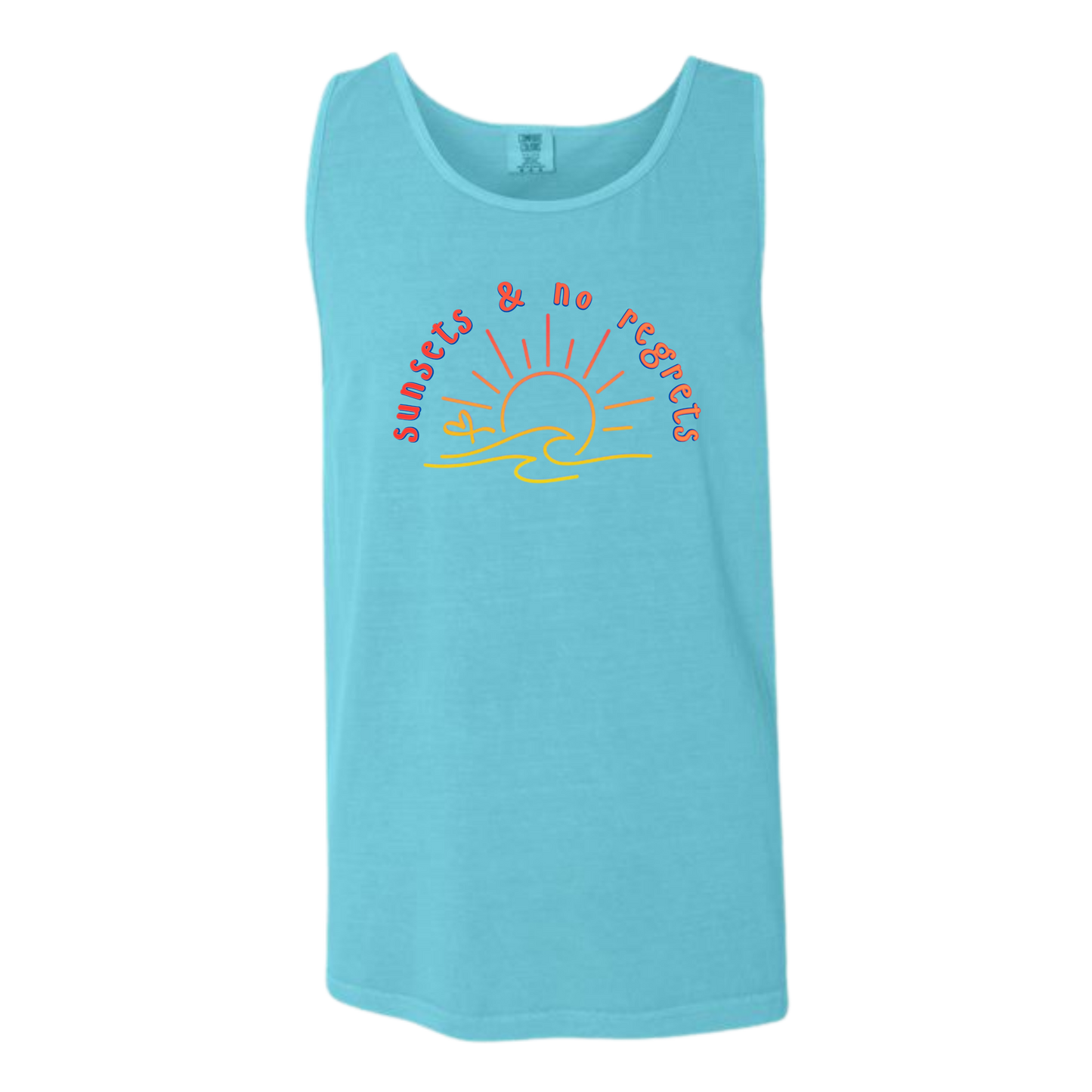 Sunsets & No Regrets - Comfort Colors - Unisex Tank - Neutral Colors & Blues