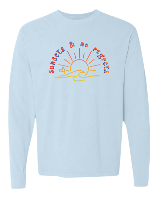 Sunsets & No Regrets - Comfort Colors - Heavyweight Long Sleeve Tee - Blues & Greens