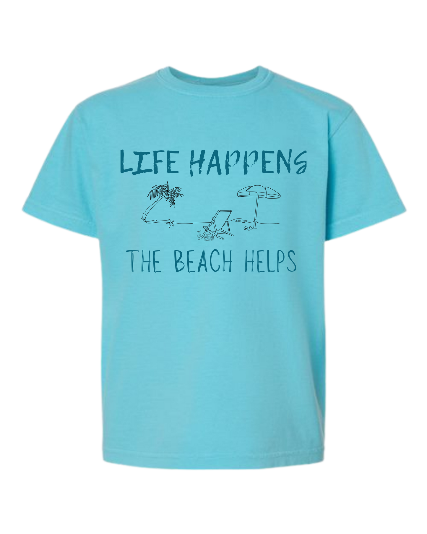 Life Happens The Beach Helps - Comfort Colors - Heavyweight Youth Tee - Neutral Colors & Blues