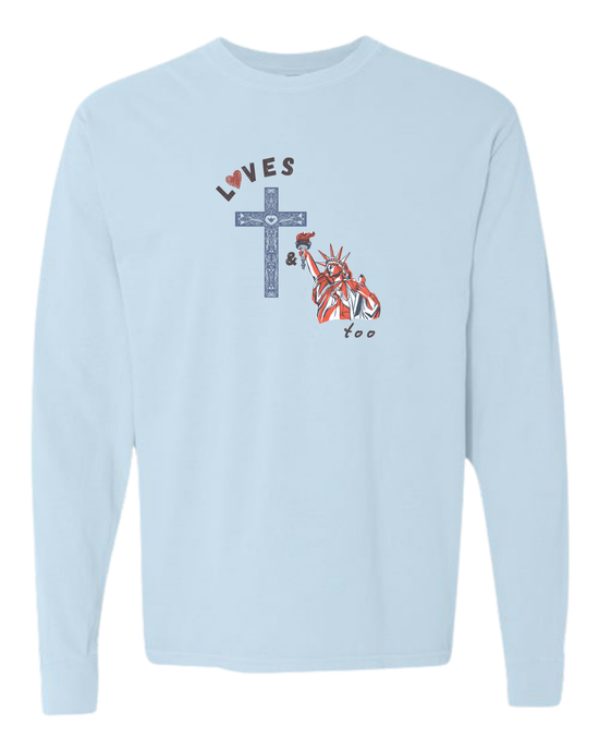 Loves Jesus & America too - Comfort Colors - Heavyweight Long Sleeve Tee - Blues & Greens