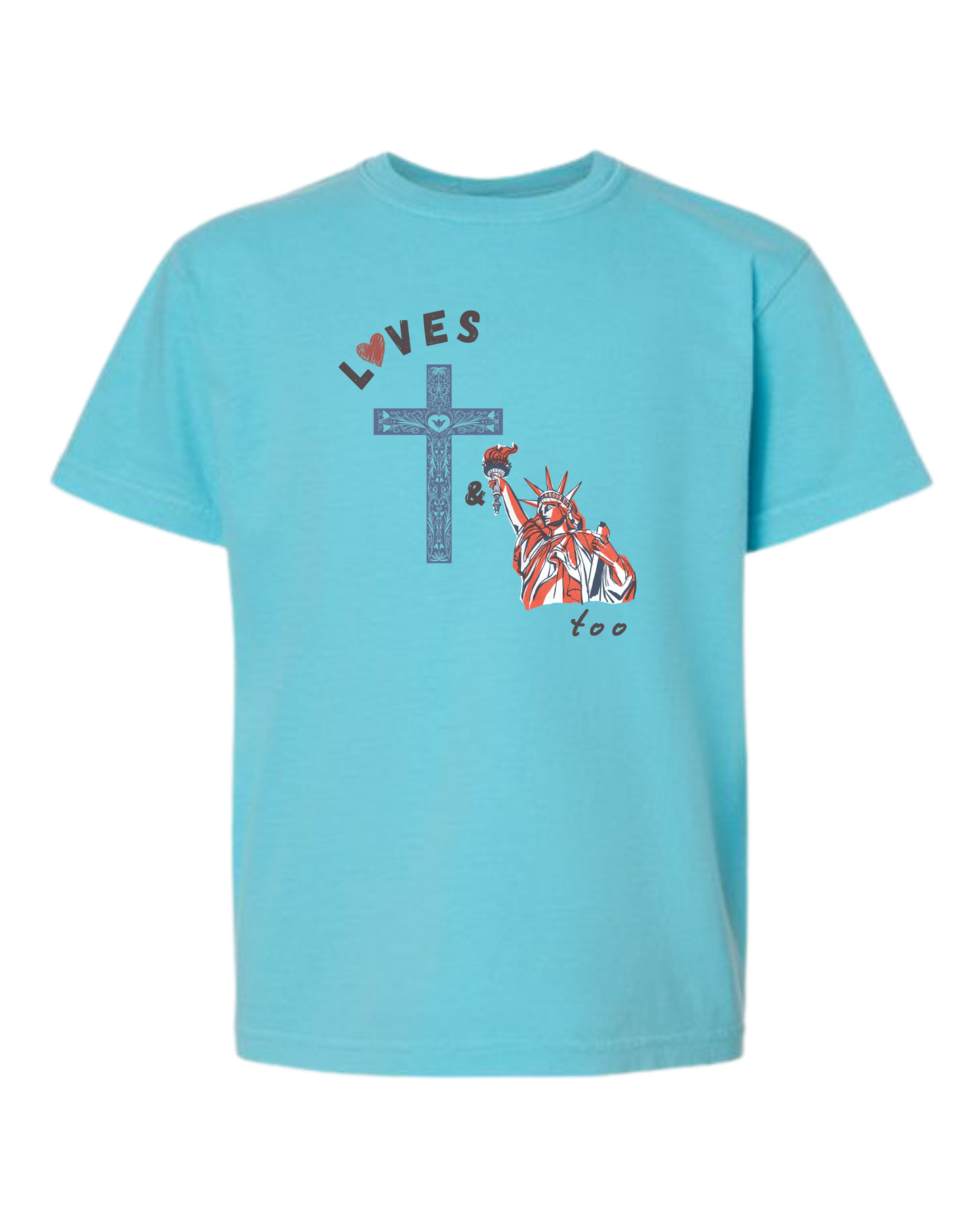 Loves Jesus & America too - Comfort Colors - Heavyweight Youth Tee - Neutral Colors & Blues