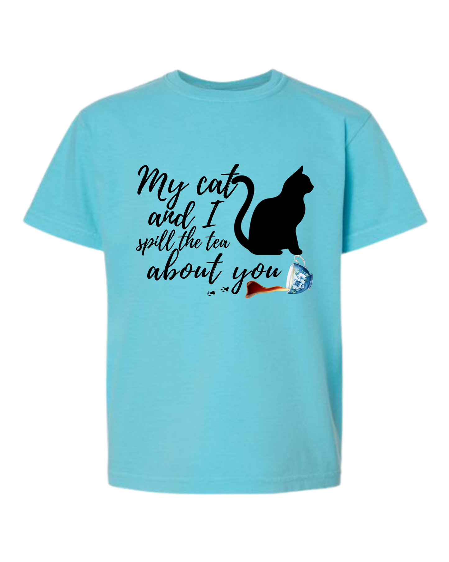 My Cat and I spill the tea about you - Comfort Colors - Heavyweight Youth Tee - Neutral Colors & Blues