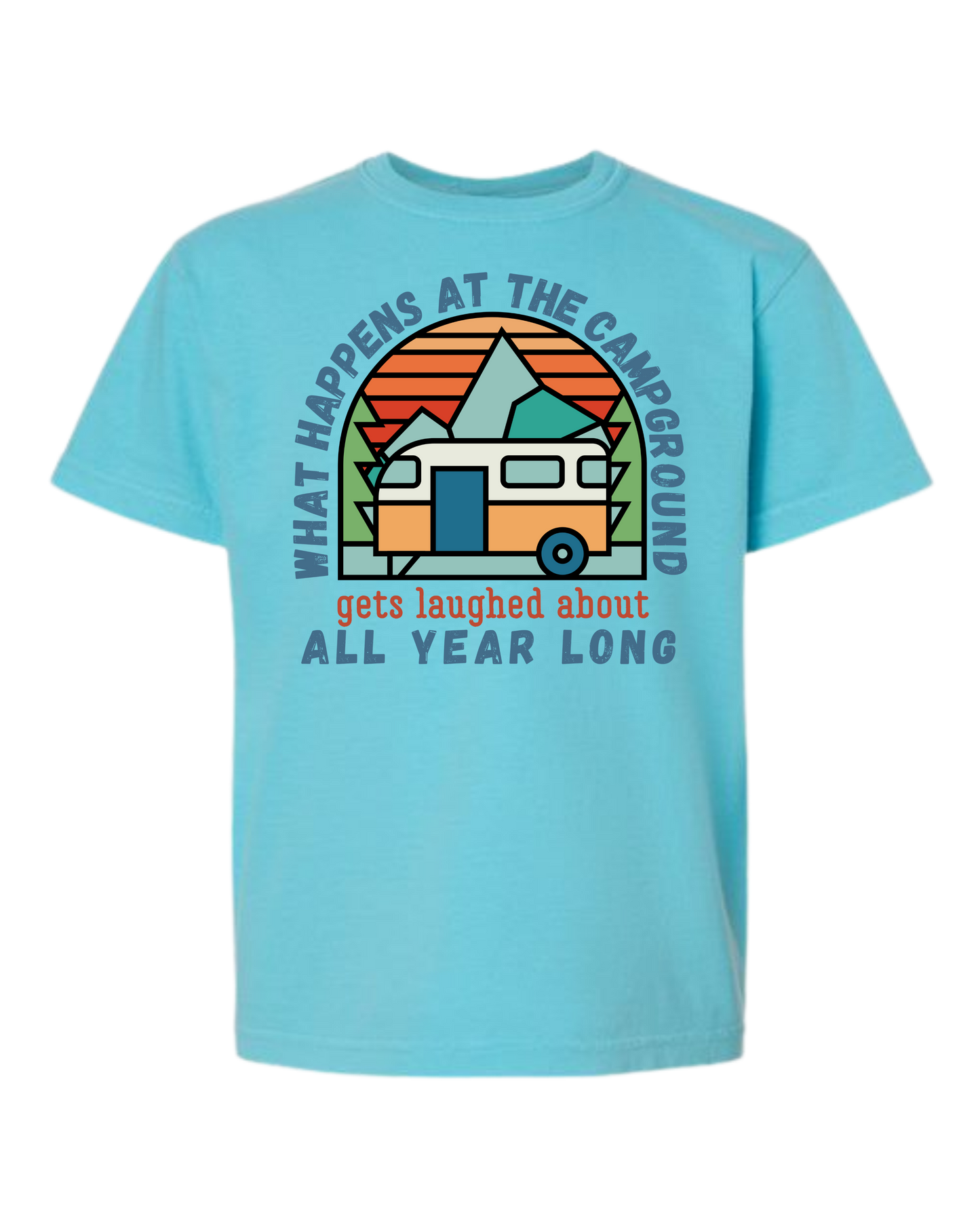 What Happens At The Campground - Comfort Colors - Heavyweight Youth Tee - Neutral Colors & Blues