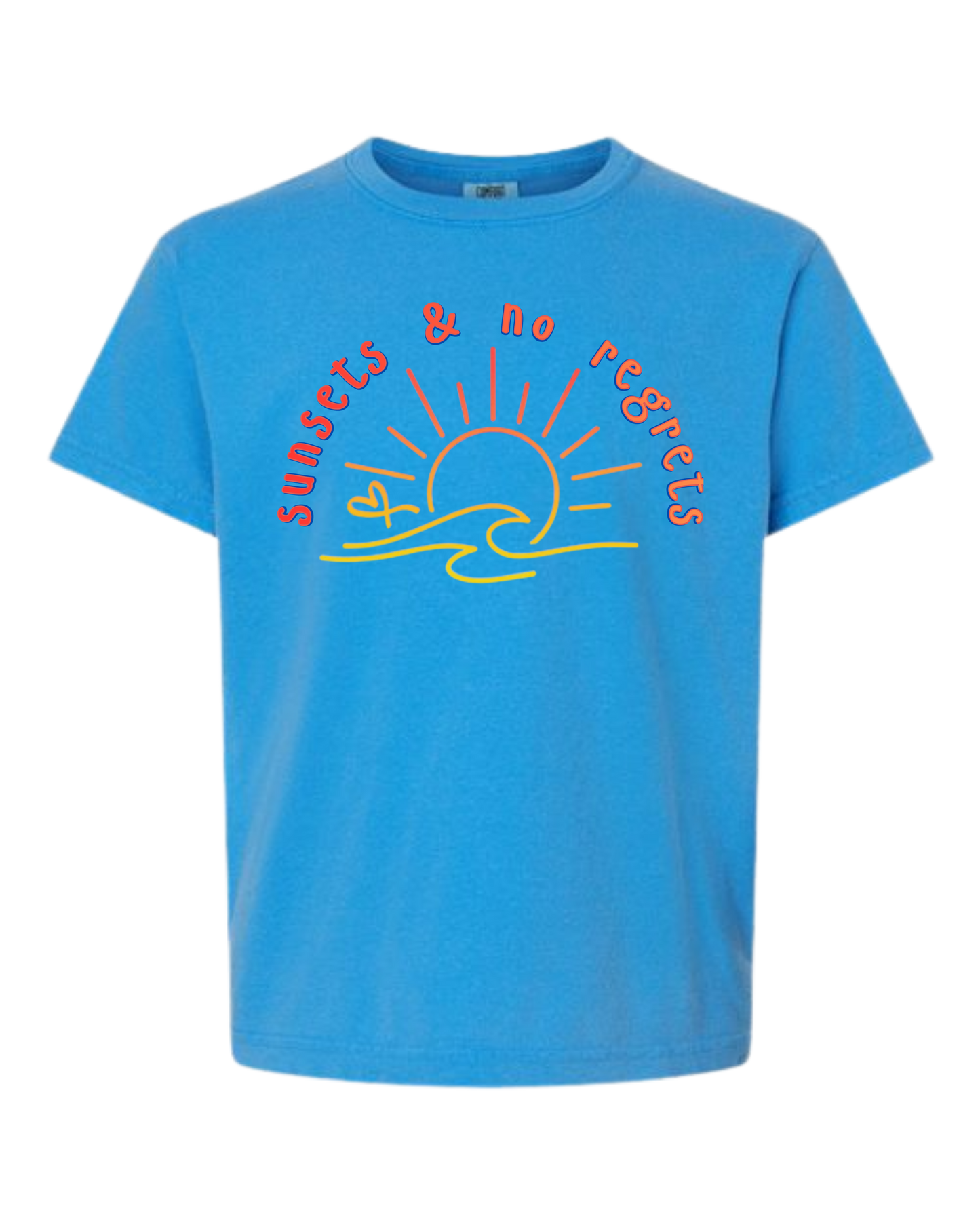 Sunsets & No Regrets - Comfort Colors - Heavyweight Youth Tee - Neutral Colors & Blues