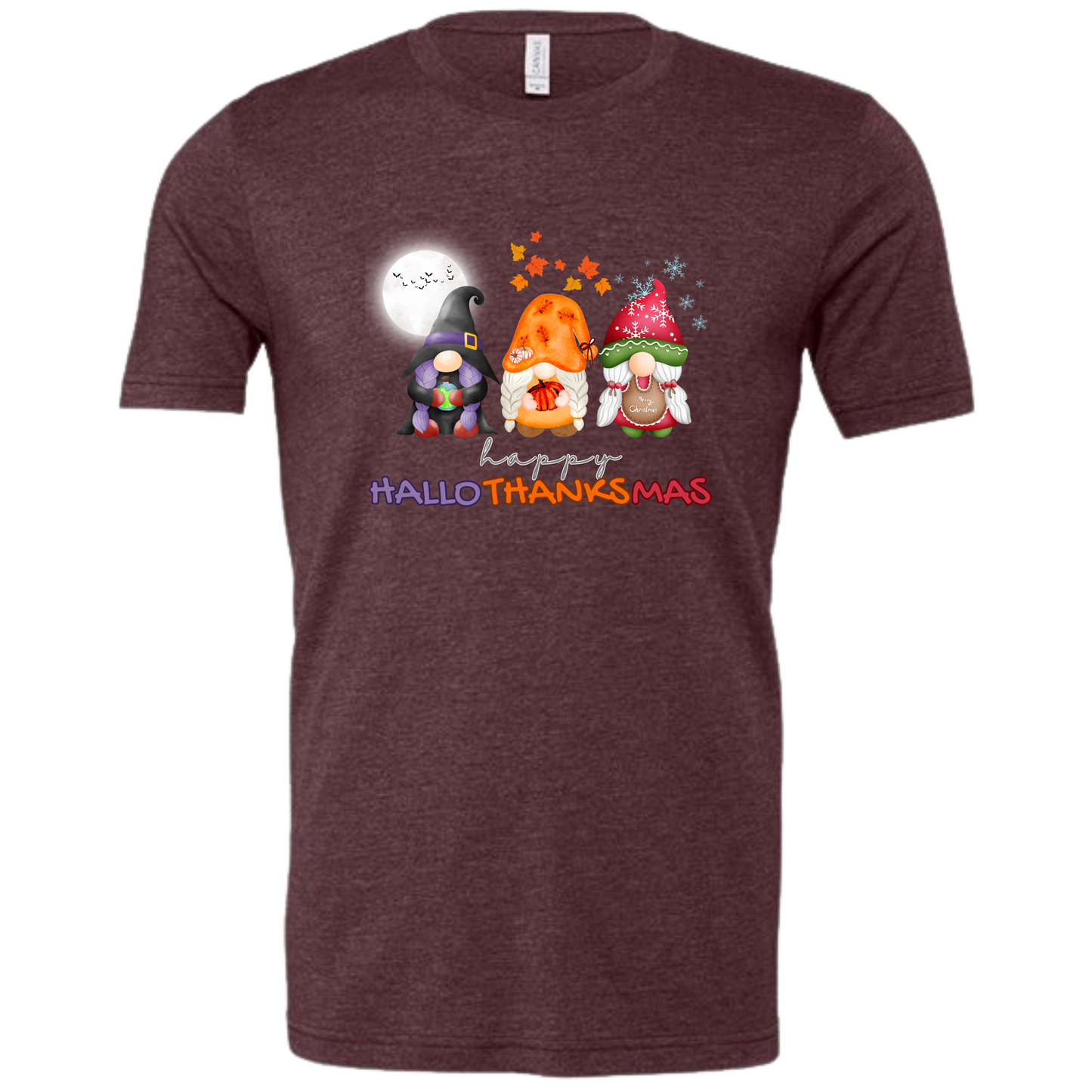 Happy HalloThanksMas Gnomes - Unisex Tee - Reds