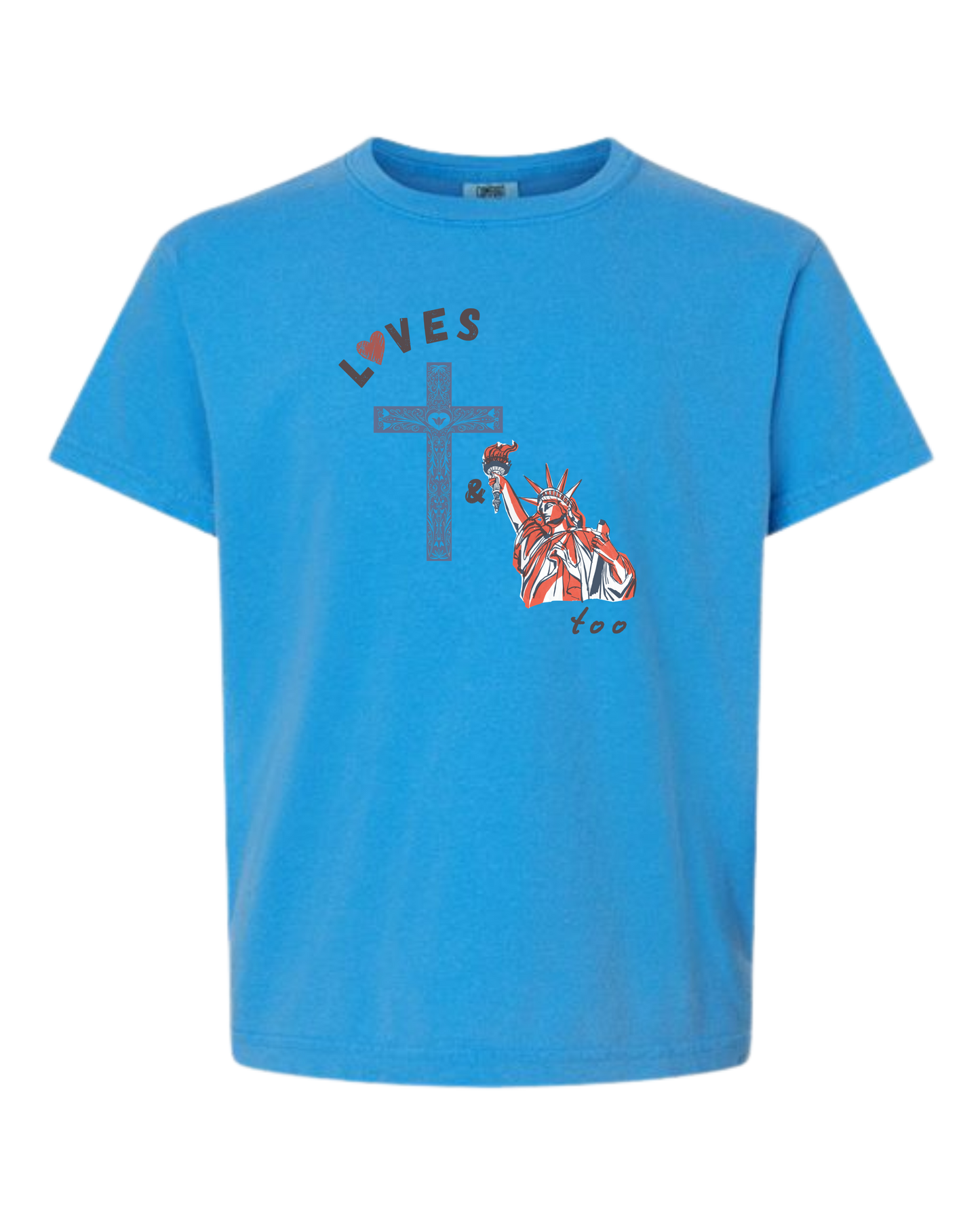Loves Jesus & America too - Comfort Colors - Heavyweight Youth Tee - Neutral Colors & Blues