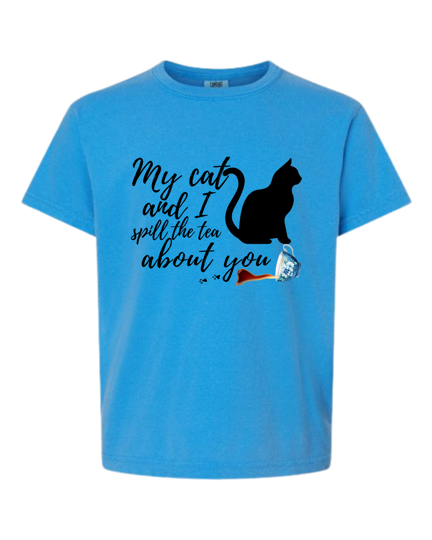 My Cat and I spill the tea about you - Comfort Colors - Heavyweight Youth Tee - Neutral Colors & Blues
