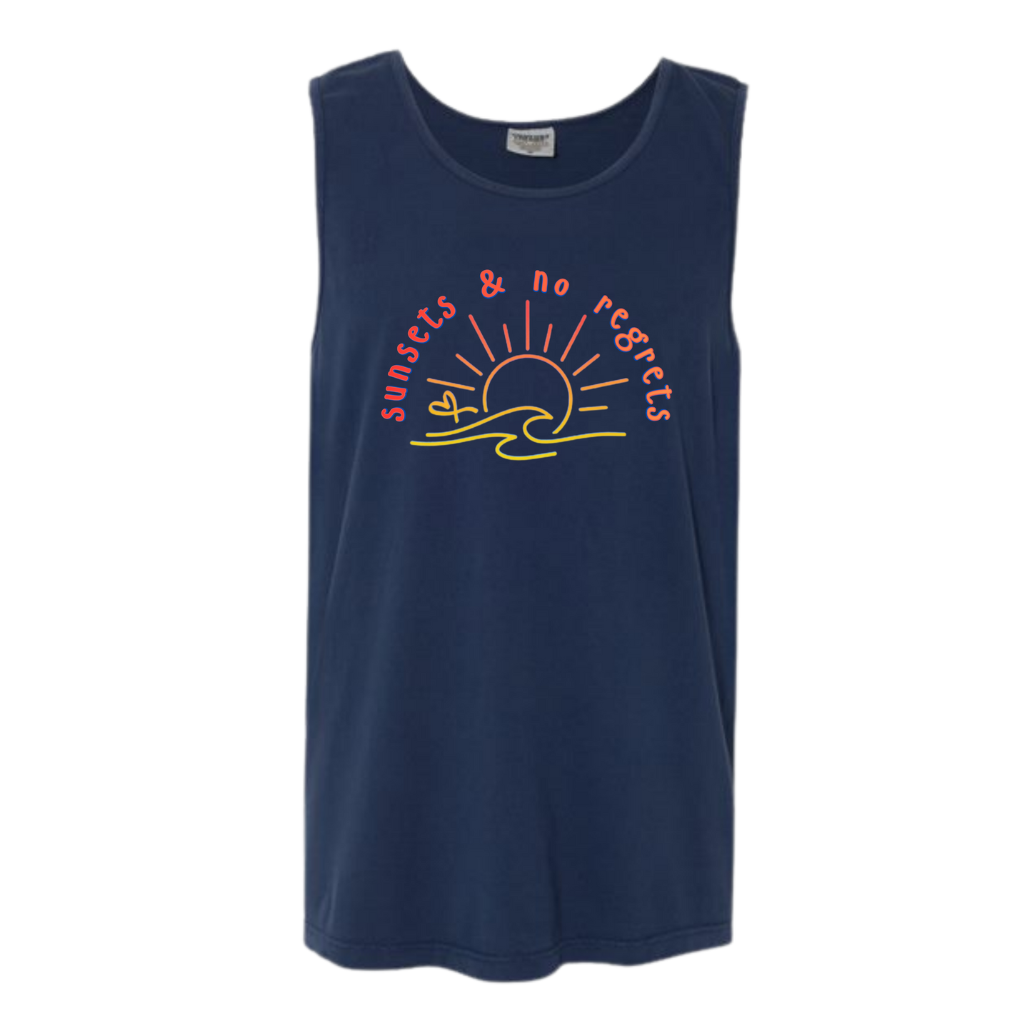 Sunsets & No Regrets - Comfort Colors - Unisex Tank - Neutral Colors & Blues