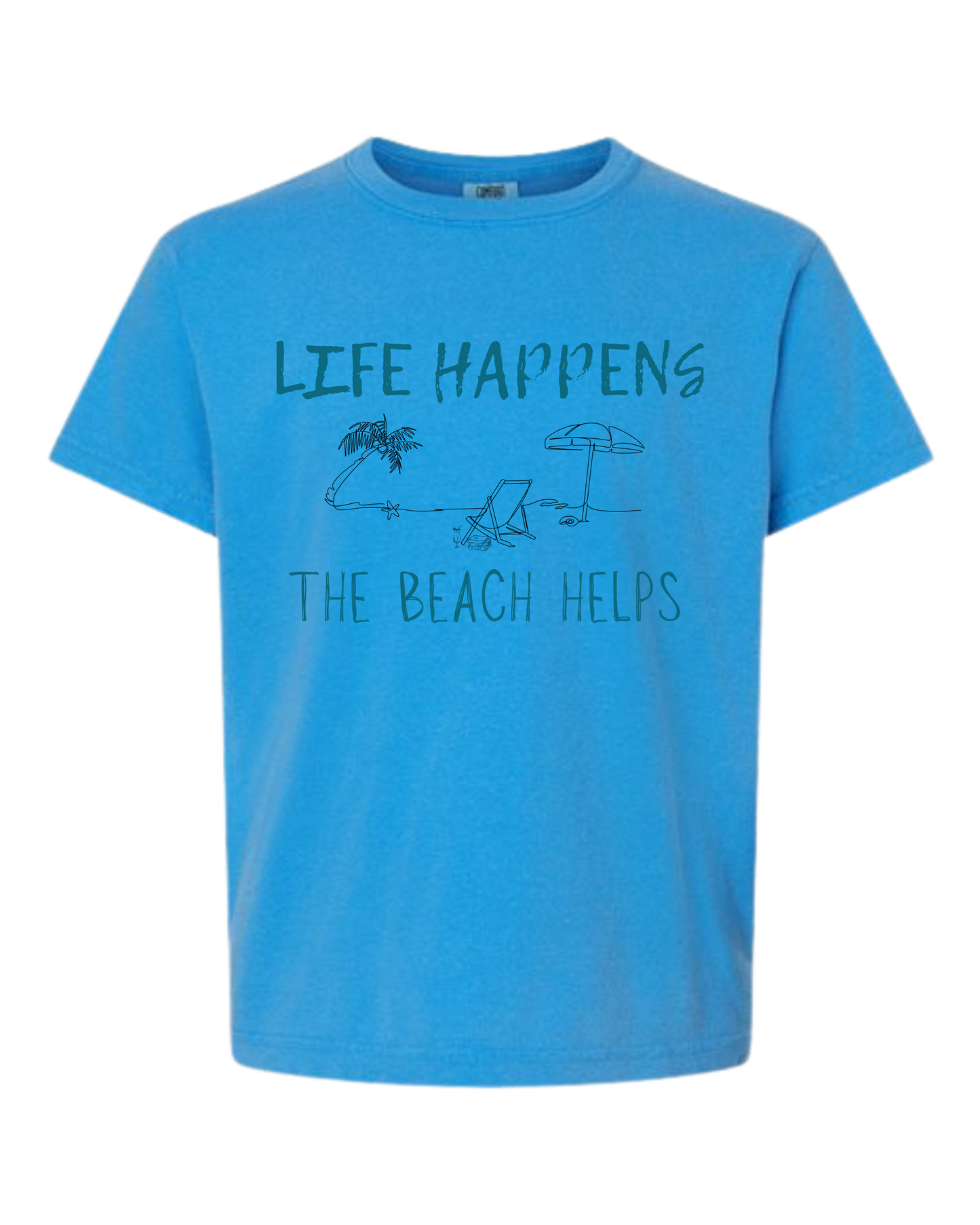 Life Happens The Beach Helps - Comfort Colors - Heavyweight Youth Tee - Neutral Colors & Blues