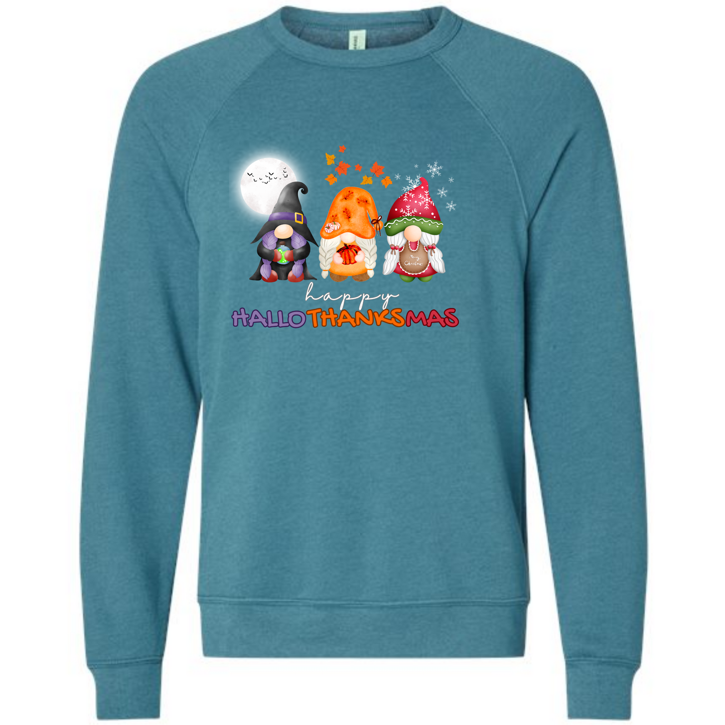 Happy Hallothanksmas Gnomes - Sponge Fleece Raglan Sweatshirt - Blues, Purples