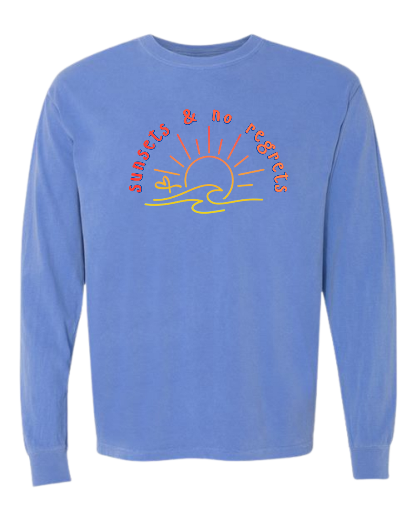 Sunsets & No Regrets - Comfort Colors - Heavyweight Long Sleeve Tee - Blues & Greens