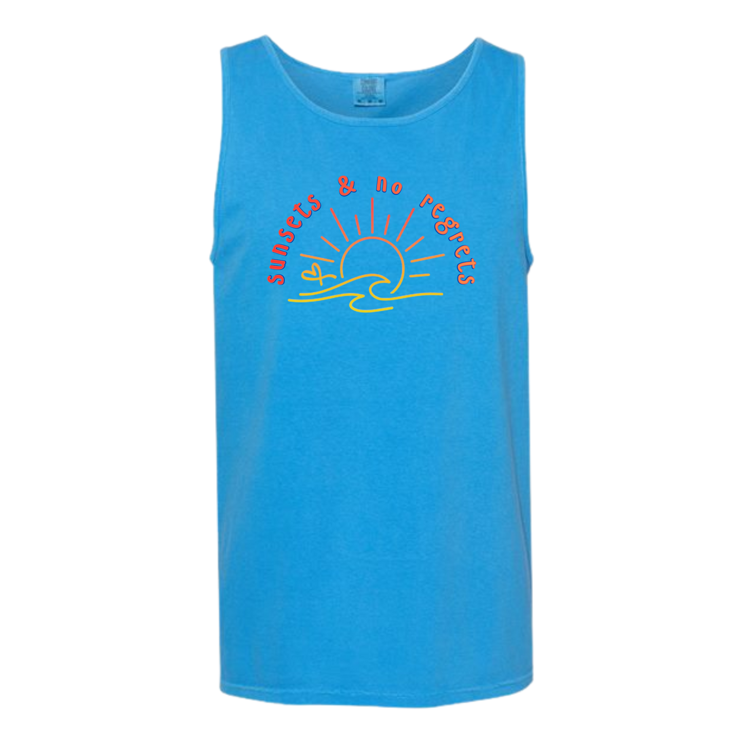 Sunsets & No Regrets - Comfort Colors - Unisex Tank - Neutral Colors & Blues