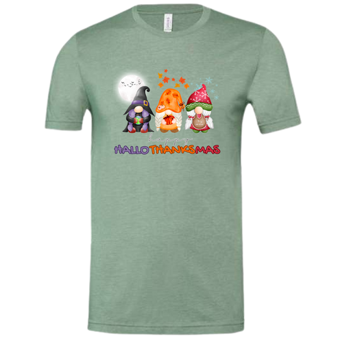 Happy HalloThanksMas Gnomes - Unisex Tee - Browns and Greens