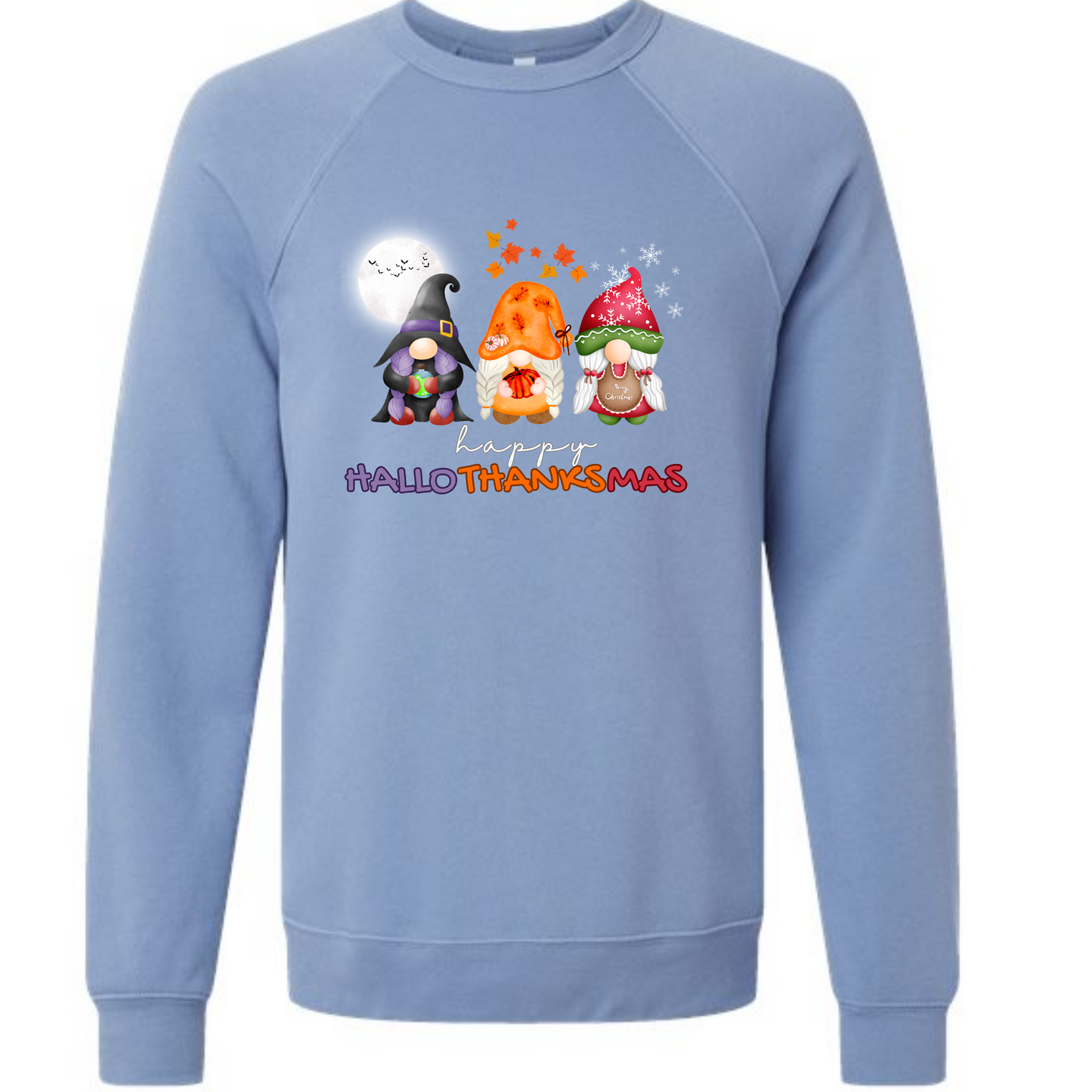 Happy Hallothanksmas Gnomes - Sponge Fleece Raglan Sweatshirt - Blues, Purples