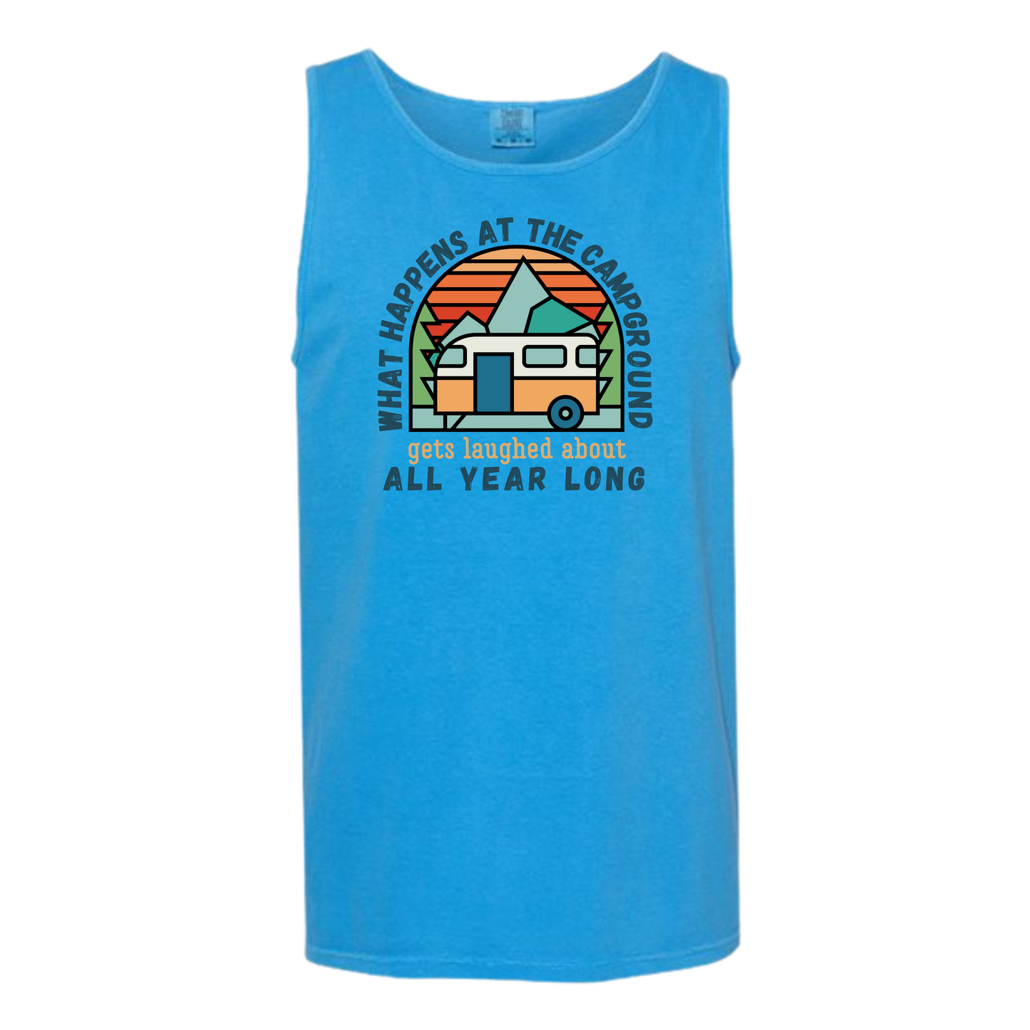 What Happens At The Campground - Comfort Colors - Unisex Tank - Neutral Colors & Blues