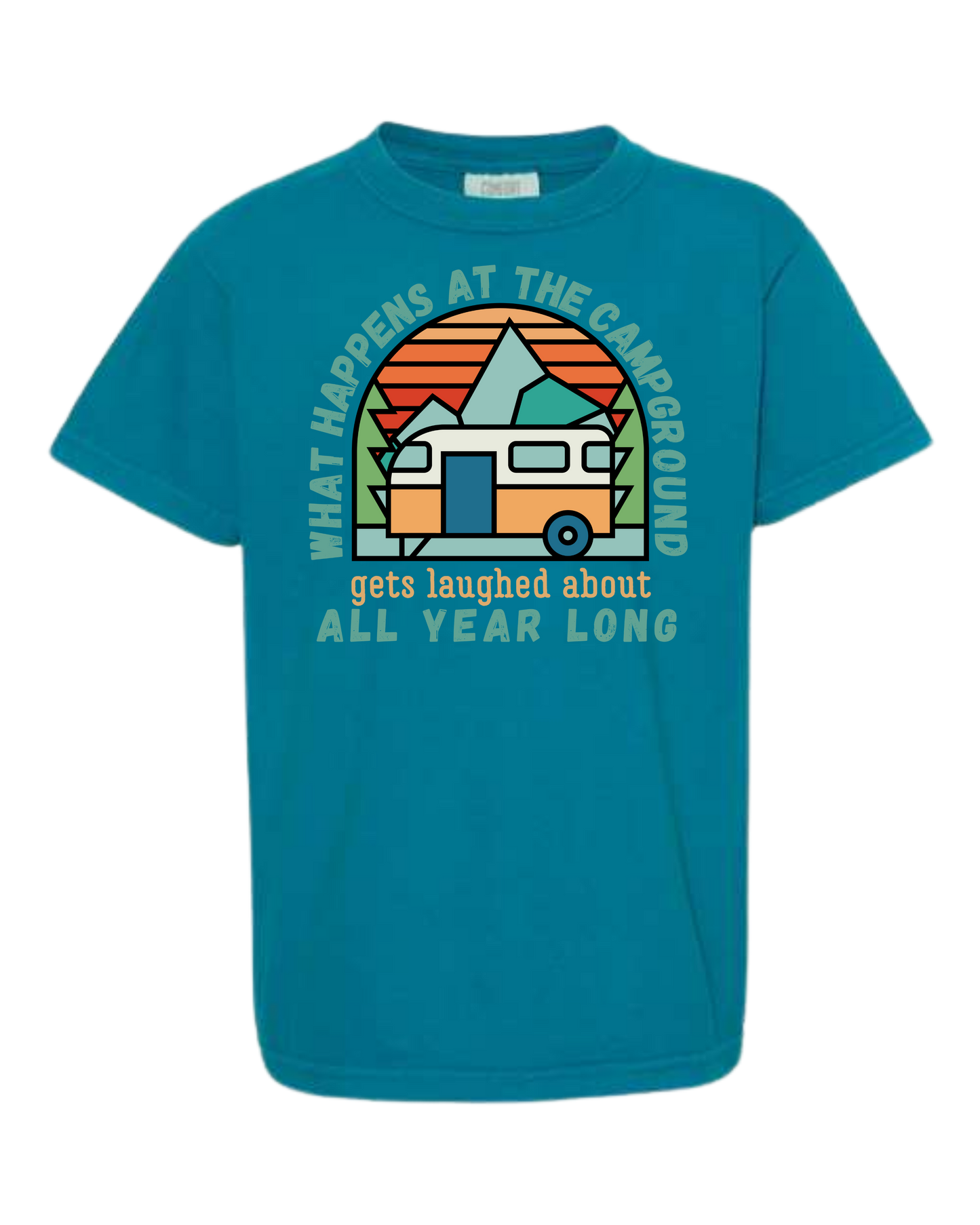 What Happens At The Campground - Comfort Colors - Heavyweight Youth Tee - Neutral Colors & Blues
