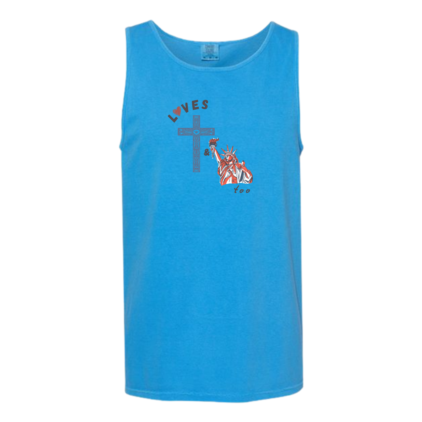 Loves Jesus & America too - Comfort Colors - Unisex Tank - Neutral Colors & Blues