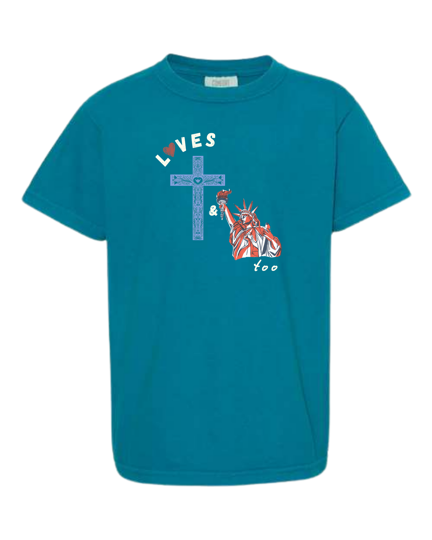 Loves Jesus & America too - Comfort Colors - Heavyweight Youth Tee - Neutral Colors & Blues