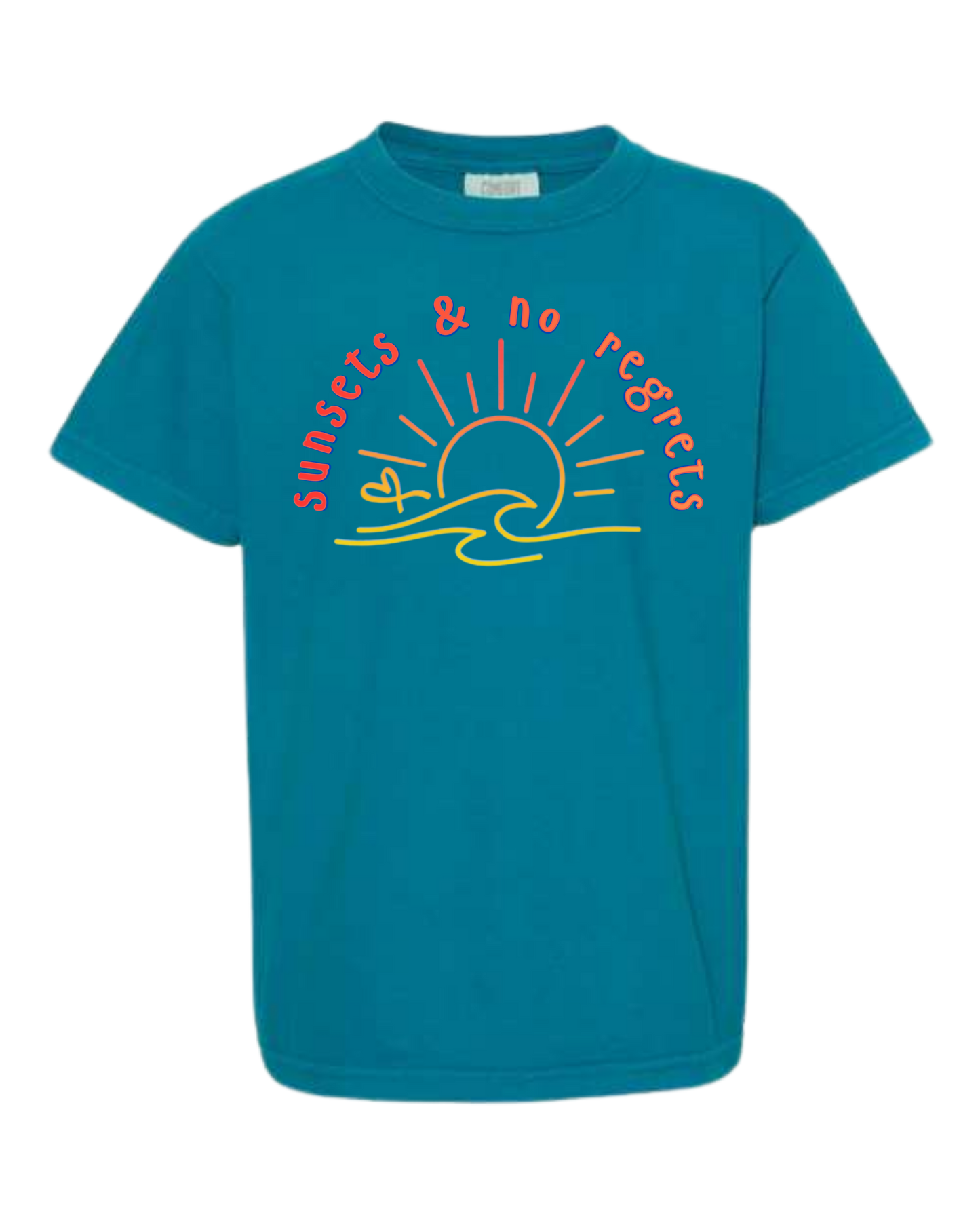 Sunsets & No Regrets - Comfort Colors - Heavyweight Youth Tee - Neutral Colors & Blues