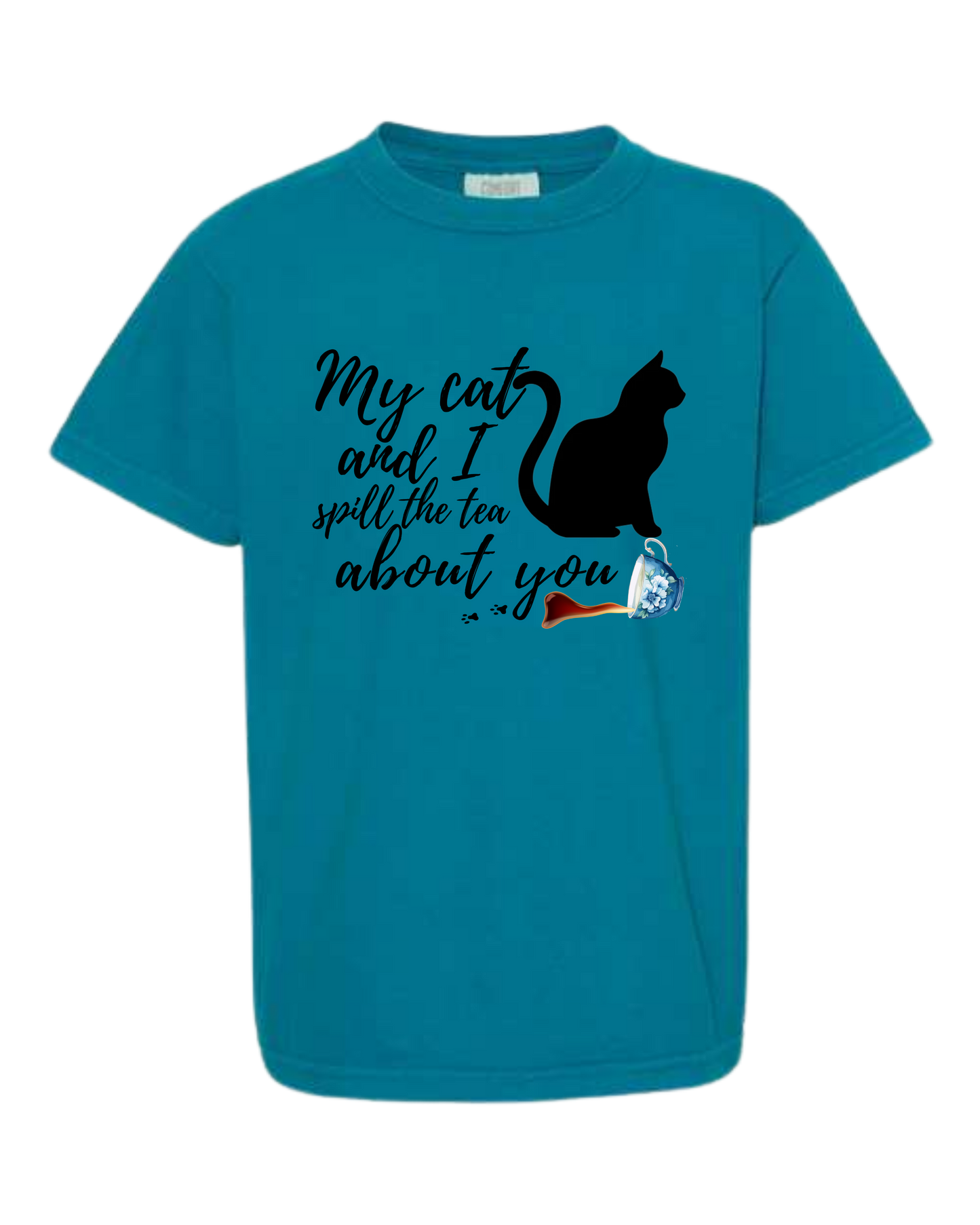 My Cat and I spill the tea about you - Comfort Colors - Heavyweight Youth Tee - Neutral Colors & Blues