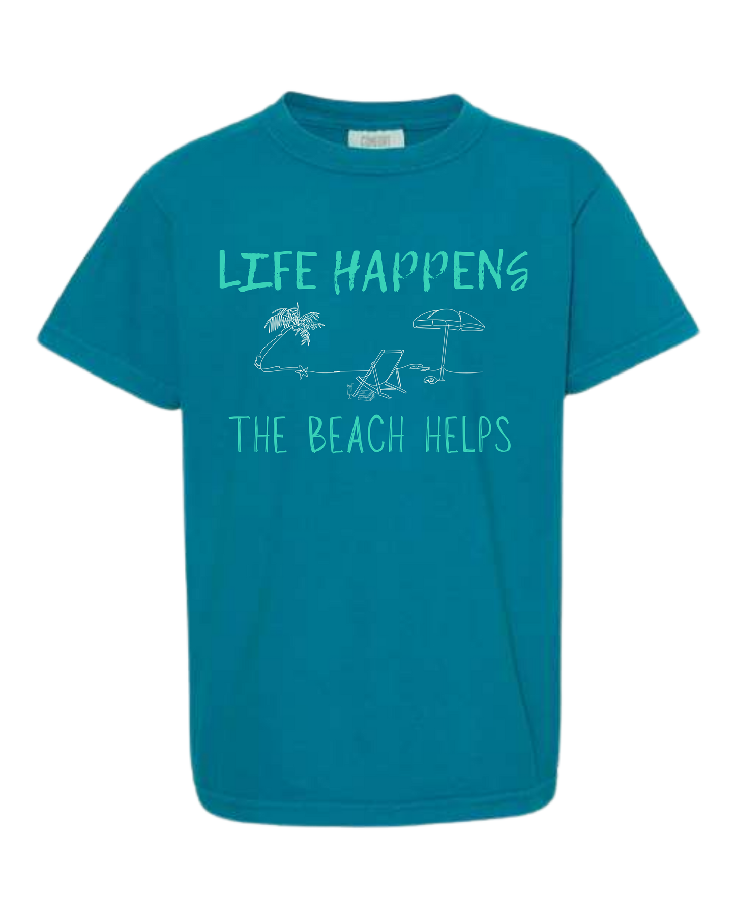 Life Happens The Beach Helps - Comfort Colors - Heavyweight Youth Tee - Neutral Colors & Blues