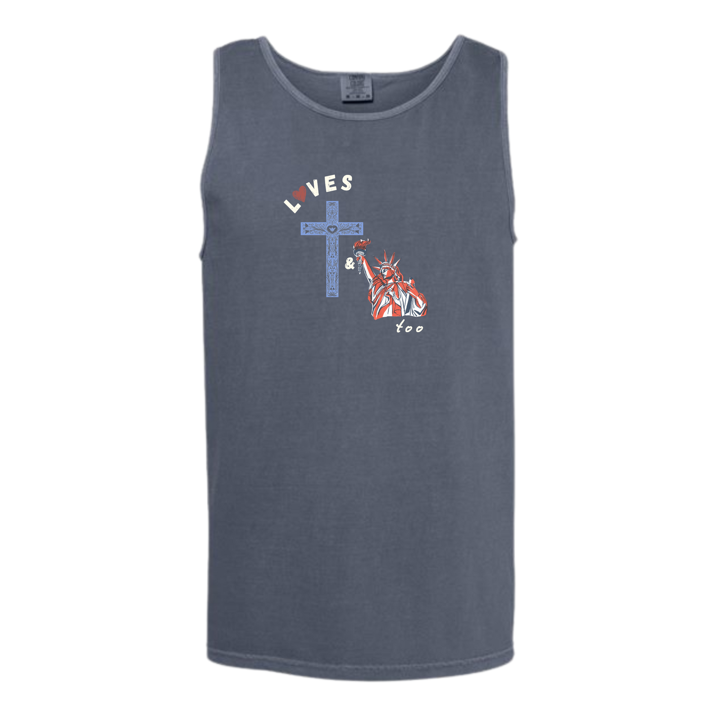 Loves Jesus & America too - Comfort Colors - Unisex Tank - Neutral Colors & Blues